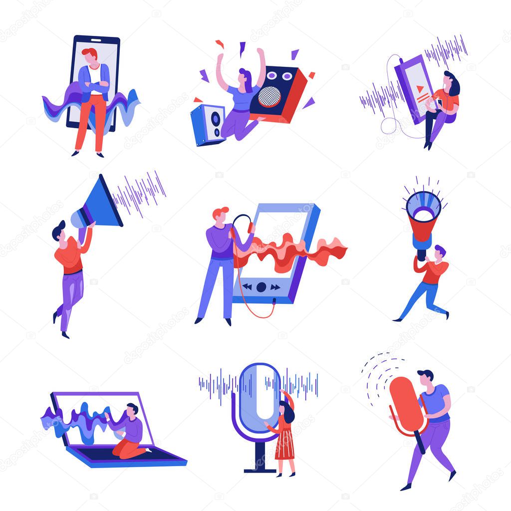Smartphone and microphone sound wave isolated abstract icons vector volume speaker and megaphone music player and laptop record voice listen to song or melody audio information man and woman.