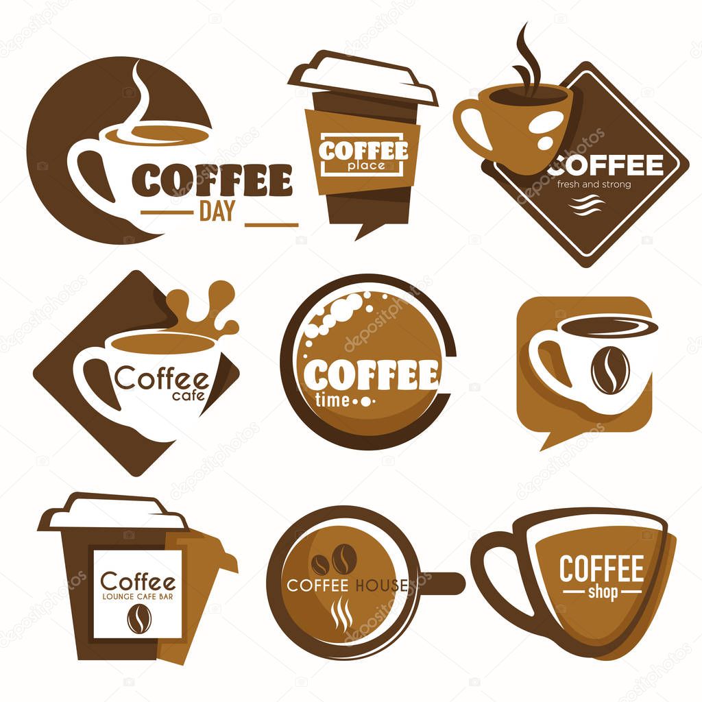 Hot drink cup coffee shop or house isolated icon takeaway vector energetic beverage brewing cafe or bar and restaurant or bistro fresh organic beans paper container with cover emblem or logo.