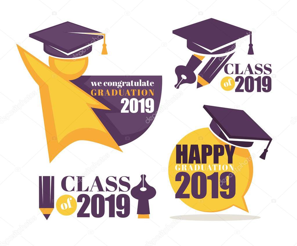 Academic hat happy graduation greeting isolated icons vector knowledge and education Bachelor and master degree student university or college headdress accessory emblem or logo celebration and wish.