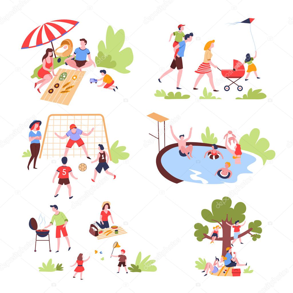 Summer outdoor activity and recreation family leisure vector pastime on nature picnic and walk football game and swimming pool bbq party and badminton tree climbing and reading parents and children.