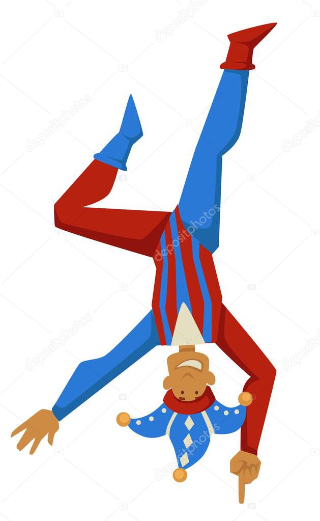 Joker or court jester standing upside down isolated male character vector Medieval clown in funny hat with bells showing trick acrobat ancient entertainer antique amusement prankster or jokester.