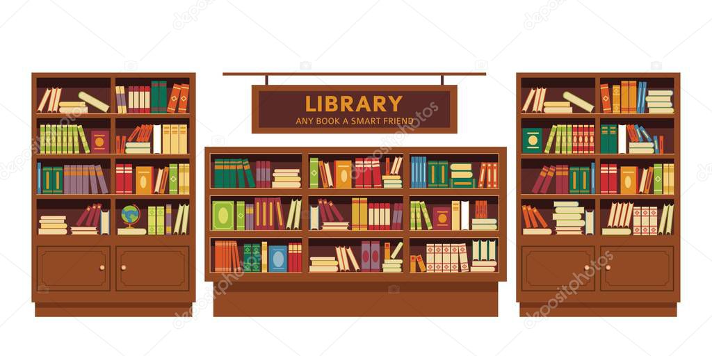 Education and knowledge library book shelves wooden furniture vector bookcase textbooks and novel volumes literature and science university or college studying and learning isolated indoor objects.