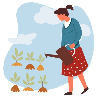 sulama olabilir tutan kadın bahçıvan yan görünümü ve bulutlar ile mavi gökyüzüne karşı toprakta büyüyen yeşil bitkiler sulama