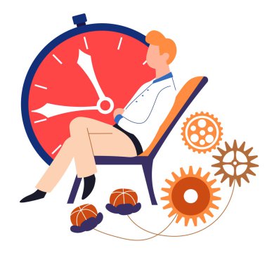 Saat ve cogwheels zaman soyut kavram insan yaşlanma ve bekleme süresi yönetimi ve son vektör yaslanma ve zamanlayıcı mekanizması ayrıntıları adam büyük kadran eğlence oturan erkek karakter izole 