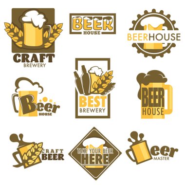 Köpük ve arpa veya buğday zanaat içecek izole simgeler vektör alkol içecek şişesi ve cam bardak amblem veya logo bar veya pub hop bira organik ürün ferahlık imal ile bira kupa
