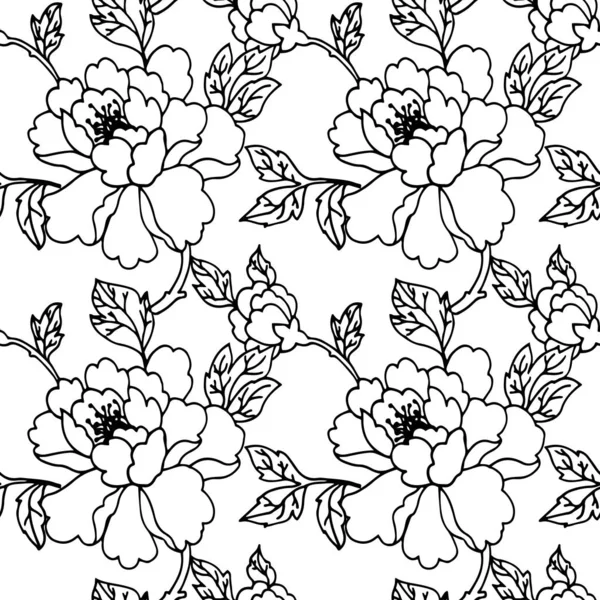 Beautiful Seamless Floral Pattern Outline Flowers Buds Leaves White Background — Stock Vector