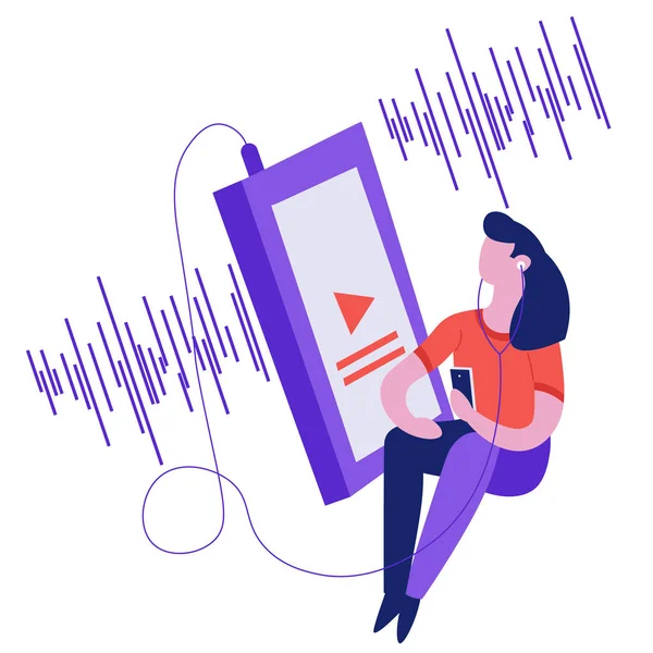 Sound Wave Graphic Girl Écouter Musique Avec Lecteur Vecteur Mélodie — Image vectorielle