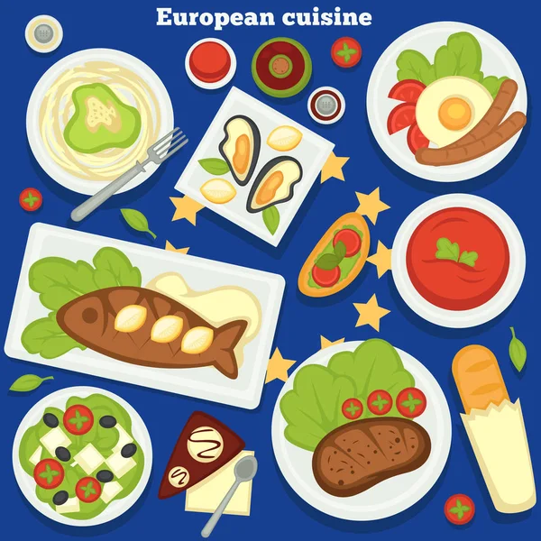 Φαγητό Της Ευρώπης Ευρωπαϊκή Κουζίνα Πιάτα Και Γεύματα Επιδόρπια Διανύσματα — Διανυσματικό Αρχείο