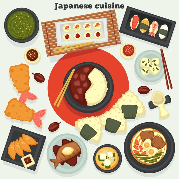 Alimentos Orientales Mariscos Cocina Japonesa Platos Comidas Vector Sushi Rollos — Archivo Imágenes Vectoriales