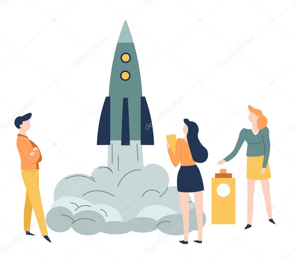 Launching rocket spacecraft leaving clubs of smoke behind vector. Foliage and floral decoration cylindrical construction made of steel designed to explore universe and outer space isolated craft 