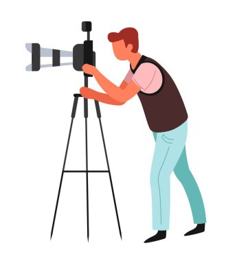 Tripod ve fotoğraf kamera vektör izole karakter çekim veya fotoğraf ve fotoğraf odak ve kompozisyon profesyonel çalışma çerçevesi ayarı ile Gazeteci veya paparazzi fotoğrafçı