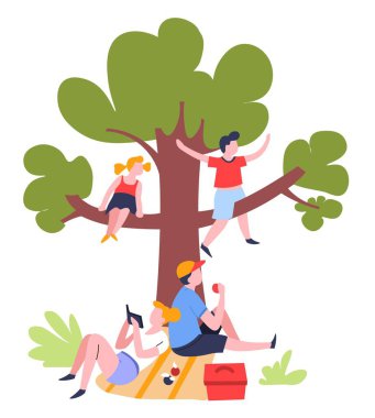 Açık yaz etkinliği aile piknik ağaç vektör anne okuma kitap baba ile elma oğlu ve kızı dalları park eğlence eğlence anne ve çocuk aperatifler ve battaniye yeme.