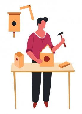 Carpentry or construction male hobby birdhouse building isolated character vector wooden birds dwelling or feeder hammer nd table skill and leisure pastime entertainment or activity details assembly. clipart