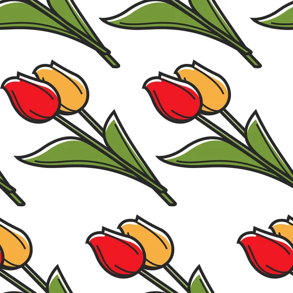 チューリップシームレスパターンオランダシンボル春花ベクトル花の壁紙プリント植物学とガーデニング植物無限のテクスチャブーケ芽の茎色の花びらを背景に観光アトラクション — ストックベクタ