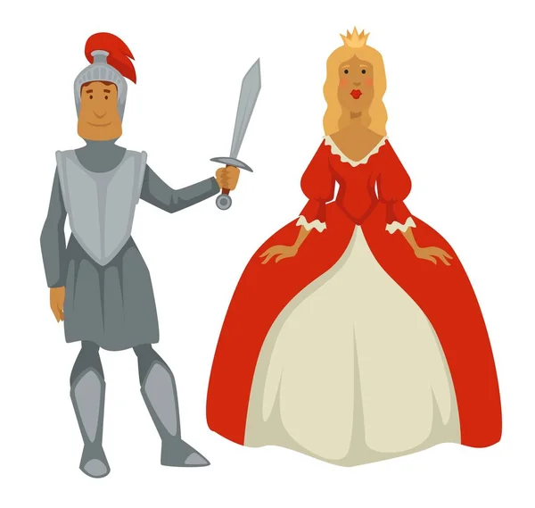 公主在舞会礼服和骑士在盔甲孤立的中世纪人物矢量男子与剑和女人在Cr自己的或恶魔的历史或童话人物王国战士和女君主 — 图库矢量图片