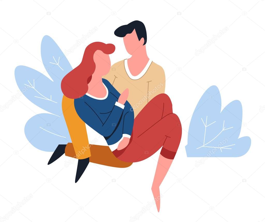 Romantic date in park couple hugging on ground love vector isolated male and female characters man and woman cuddling boyfriend and girlfriend relationship outdoor pastime summer or spring bushes.