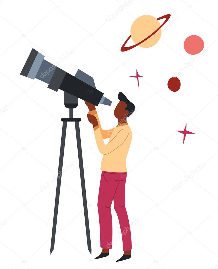 Man with telescope astronomy science hobby or profession vector isolated male character planets and stars Saturn belts space or cosmos exploration optical tool with zoom night sky watching leisure.