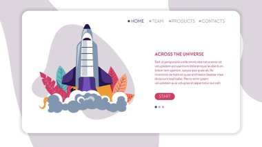 Evren online web sayfası şablonu vektör uzay gemisi başlatmak veya roket başlatmak uzay aracı yıldızlararası keşif uzay yolculuğu astronomi bilim gezegenler ve uydular keşif genelinde Kozmik program