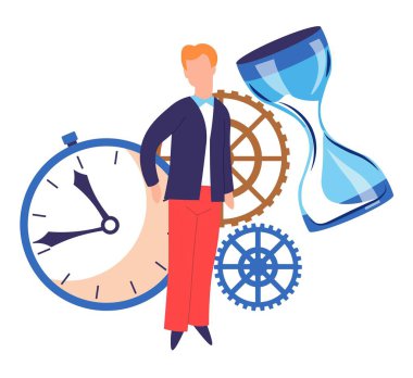 Zamanlayıcı ve kum saati zaman kavramı cogwheels ve adam veya işadamı vektör izole erkek karakter gelişmiş planlama ve yönetim bekleme veya yaşlanma ölçüm araçları mekanizması ayrıntıları verimlilik.