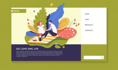 Açık etkinlik ve ilişki online web sayfası şablonu vektör çift piknik adam ve kadın yiyecek ve içecek aşk ile battaniye üzerinde oturan ve parkta Internet sitesi erkek arkadaşı ve kız arkadaşı kalma.