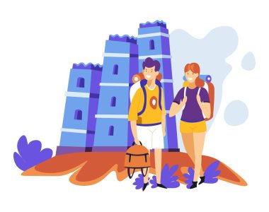 Sırt çantaları ile Çift turizm gezi antik kale vektör mimarisi ve dönüm noktası erkek ve kadın yürüyüş veya seyahat tatil veya tatil seyahat ya da yabancı ülke keşif gezi.