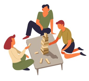 Jenga aile oyun tahta oyunu izole karakterler ahşap sopabina kule eğlence oğlu anne ve baba masa eğlence eğlence veya aktivite inşaat ve doğruluk anne ve çocuk.