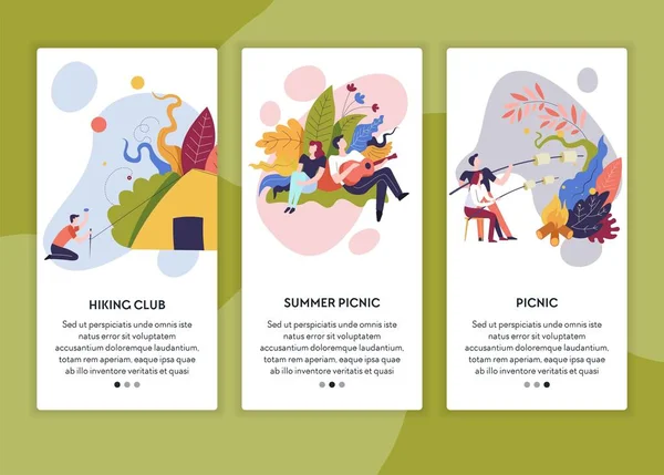 Summer picnic and hiking club online web pages templates vector tent man with guitar and woman couple frying marshmallows over campfire outdoor activity recreation on nature park or forest summertime.