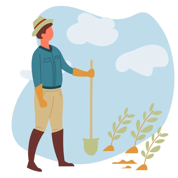 Agricultor Con Pala Pala Verduras Brotes Granja Jardín Vector Agricultura — Archivo Imágenes Vectoriales