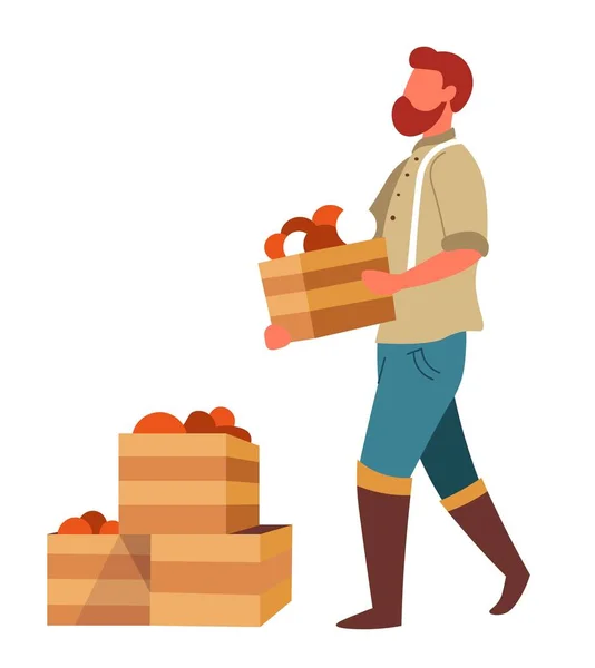 ベクトルを販売するための市場に野菜箱を運ぶ農業男性農家は ベクトル分離された男性のキャラクター有機農場食品と木箱市場農業ビジネスの成長と栽培 — ストックベクタ