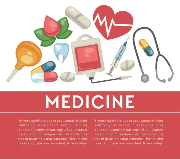 Pillen Medische Hulpmiddelen Geneeskunde Behandeling Gezondheidszorg Medicatie Vector Hartslag Stethoscoop — Stockvector