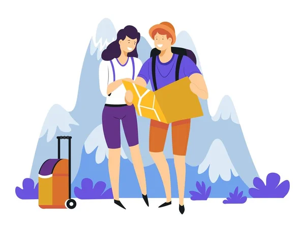 ハイキングハイカーは 山の旅や観光ベクトル旅行者や風景のバックパッキングやトレッキングロマンチックな旅行アドベンチャー男女野生の自然の荷物でバックパックや地図とカップル — ストックベクタ