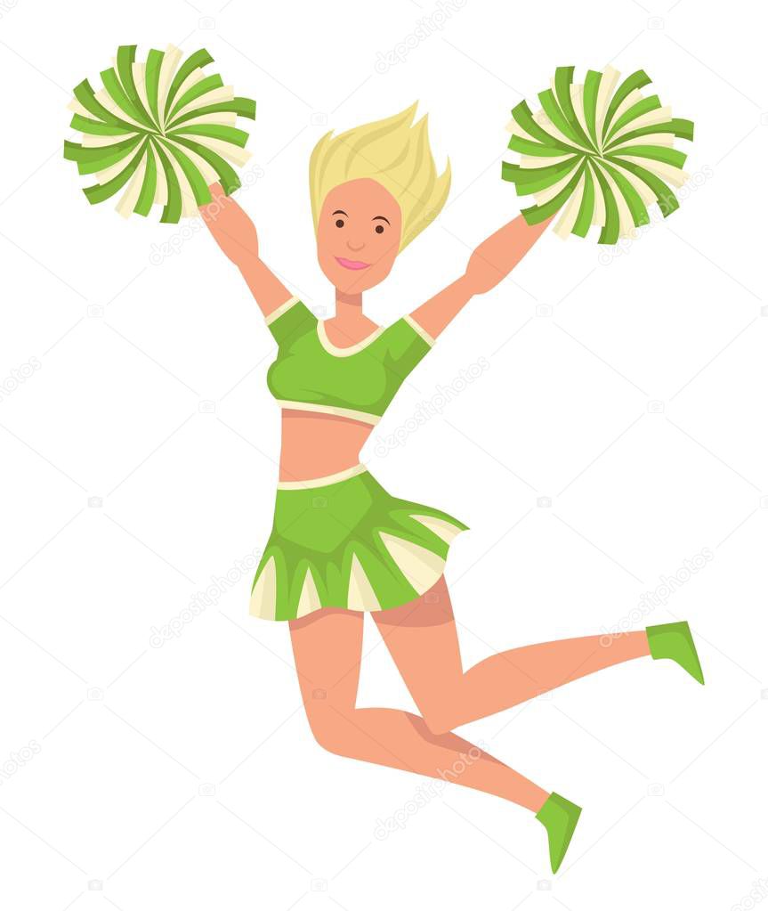 Cheerleader in uniform girl with pompoms jumping isolated female character vector cheering up sport team dancing and showing tricks support football or basketball school university or college student.