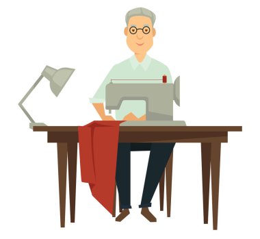 Giysi tasarım tasarımcısı ve dikiş makinesi kumaş veya tekstil vektör terzi adam gözlük çalışma masa moda sanayi işçi terzi meslek atölye stüdyo veya showroom giyim oluşturma.