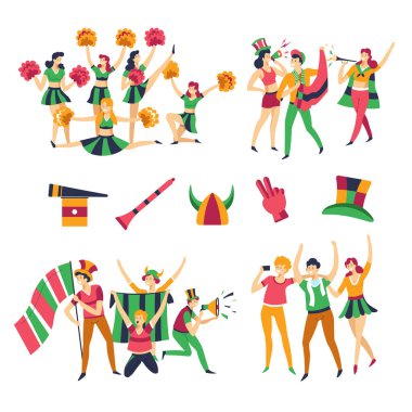 Takım renk giysiler futbol taraftarları ve amigo erkek ve kadın vektör kızlar şapkalı şapkalı şapkalı şapkalar ile şapkalar ve bayraklar destek meraklıları veya rooters eldiven ve başlıklar dans ve hileler kadar tezahürat.