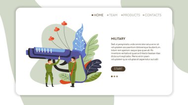 Askeri silah ve asker üniforma ordu Internet web sayfası şablonvektör savaş ve savunma askeri silah online site açılış sayfası mockup tabanca ve kask subayları çekim soyut bitkiler ateş.