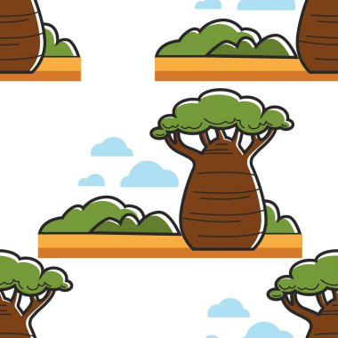 Güney Afrika doğa dikişsiz desen baobab ağaç savannah vektör bitki ve manzara kalın gövde ve yeşil yaprakları sonsuz doku seyahat ve turizm egzotik ülke safari duvar kağıdı baskı.