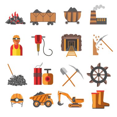 Kömür madeni Madencilik Sanayi ekipman makine ve bitki vektör kamyon ve sepet kask daha hafif ekskavatör ve yeraltı tünel dinamit ve çizme madenci ve elektrikli matkap fabrikası ve hammadde.
