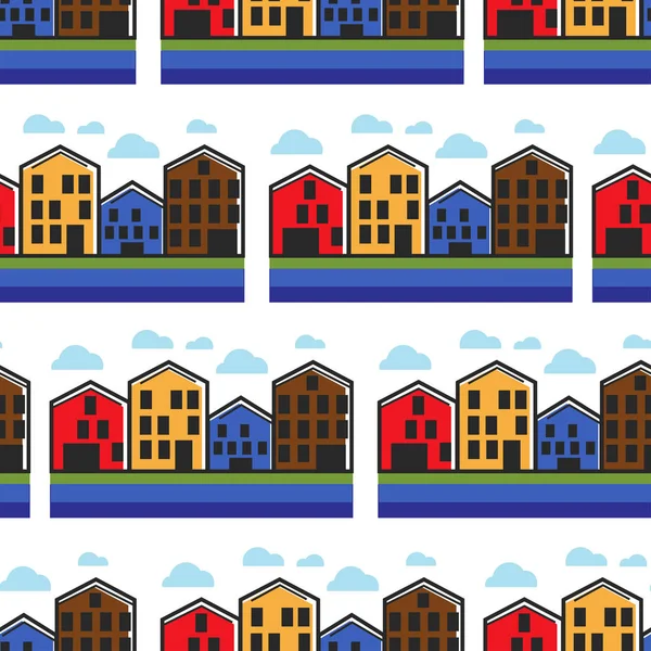 Norwegian Architecture Norway Color Houses Townhouse Seamless Pattern Vector Countryside — Stock Vector