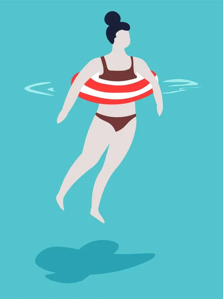 Swimming Pool Woman Swimsuit Striped Inflatable Ring Vector Girl Swimwear — Stock Vector