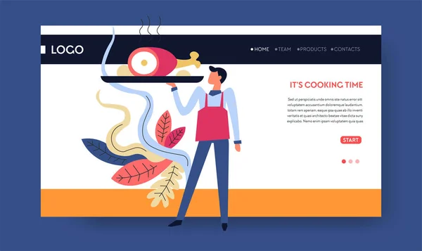 Lezioni Cucina Tempo Cottura Pagina Web Modello Vettoriale Uomo Grembiule — Vettoriale Stock