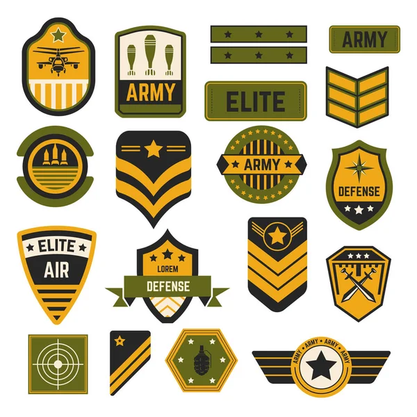 stock vector Elite military service army signs and badges or stripes vector air and navy country defense stars helicopter and bombs swords and rockets aim or target soldier accessories state servants emblems.