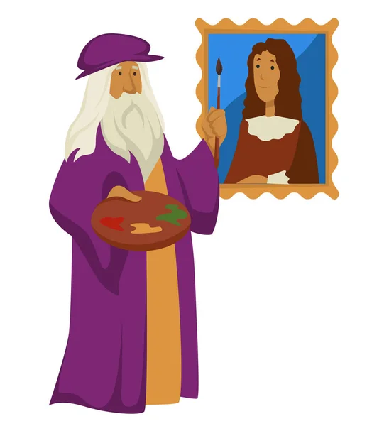 Leonardo Vinci Paletta Ecset Portré Reneszánsz Művész Vektor Elszigetelt Karakter — Stock Vector