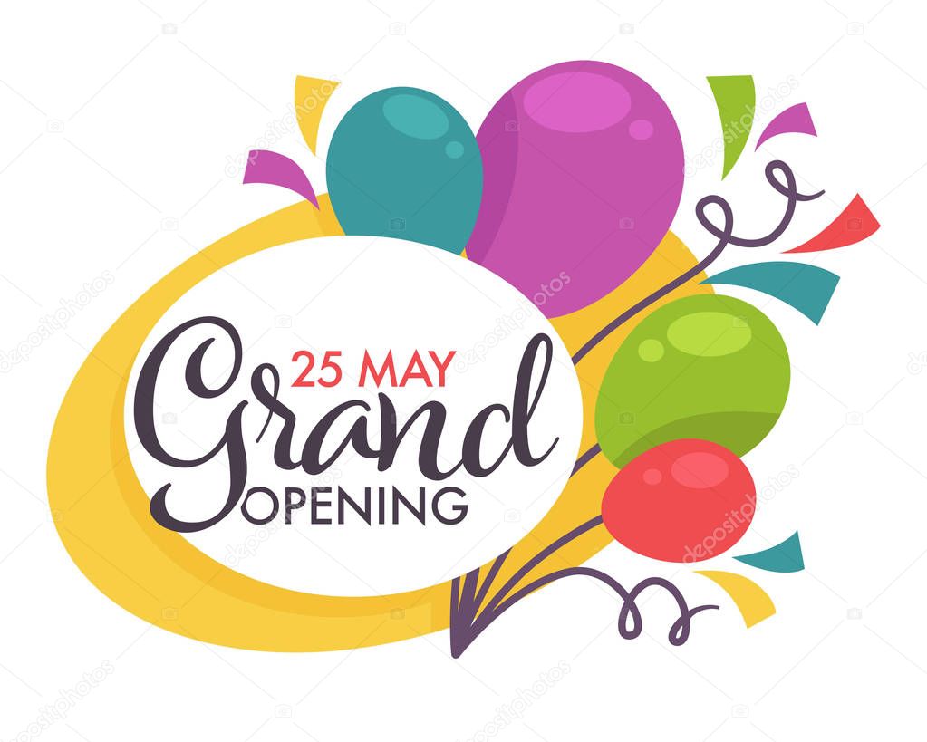 Start or beginning ceremony grand opening isolated icon balloons vector event celebration and congratulation decoration and confetti store or shop boutique or supermarket cutting ribbon ritual.