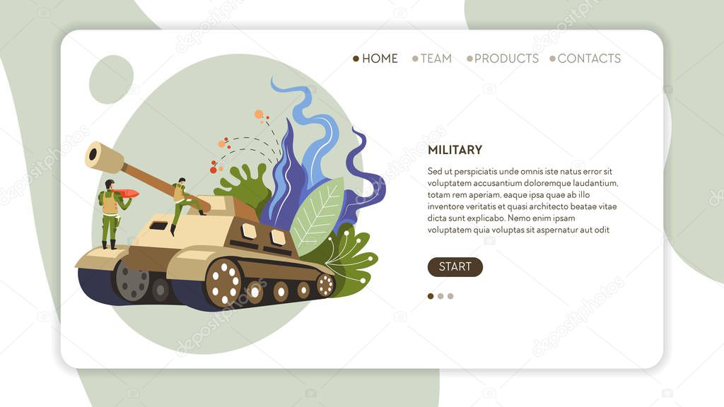 Soldiers in uniform and tank army Internet web page template vector war machine and defense military transport online site landing page mockup weapon of mass attack transportation and abstract plants.