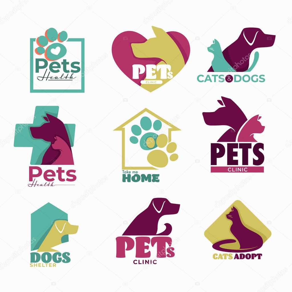 Dog and cat pets vet clinic and shelter isolated icons vector treatment and veterinarian medicine domestic animals healthcare love and care emblems and logo paw print and heart cross and house.