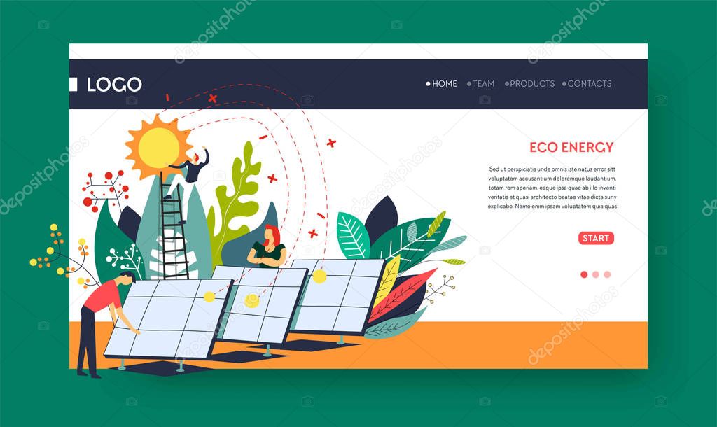 Environment protection eco energy solar batteries web pages templates vector ecology eco-friendly power station economy and planet protection environment safety green nature modern technology