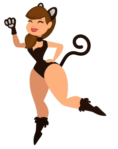 Woman in sexy cat suit with tail paw and ears — 스톡 벡터