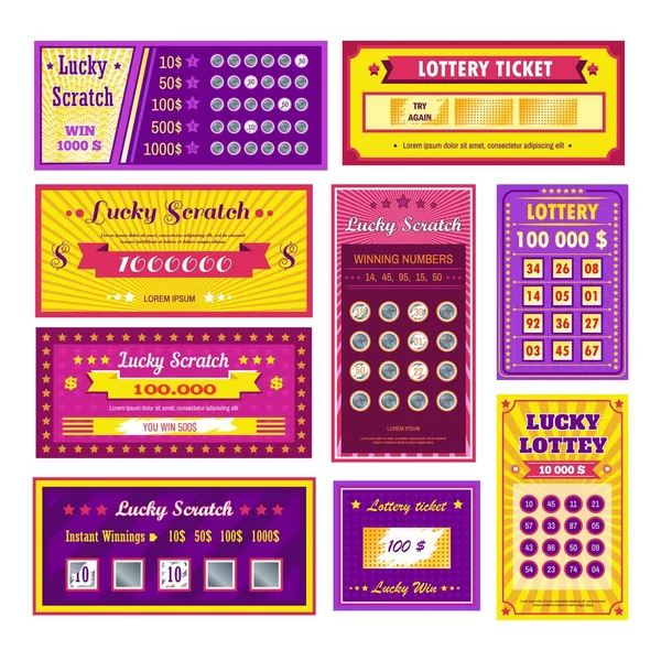 Bilhetes de loteria sorte raspadinha bingo jogos de azar e ganhar dinheiro — Vetor de Stock
