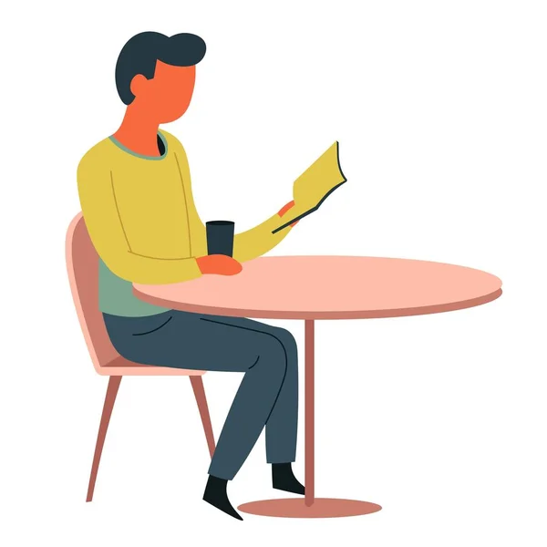 Homme lisant au café livre de table et tasse personnage isolé — Image vectorielle
