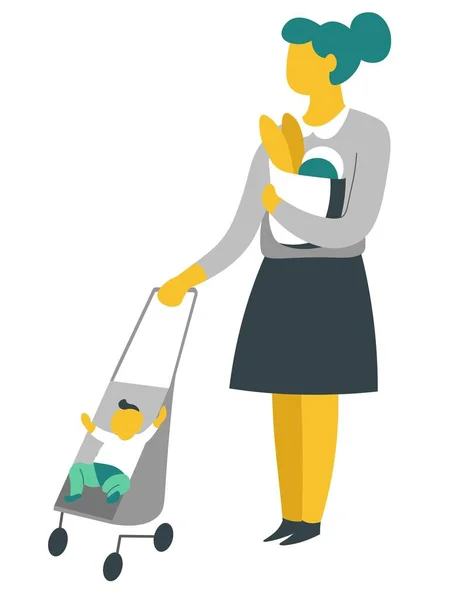 Vrouw op winkelen met baby in kinderwagen baguettes in pack moeder en zoon — Stockvector